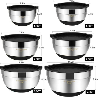 Stainless Steel Mixing Bowls with Airtight Lids - 6-Piece Set with Non-Slip Bottoms, Ideal for Mixing and Serving (Black)