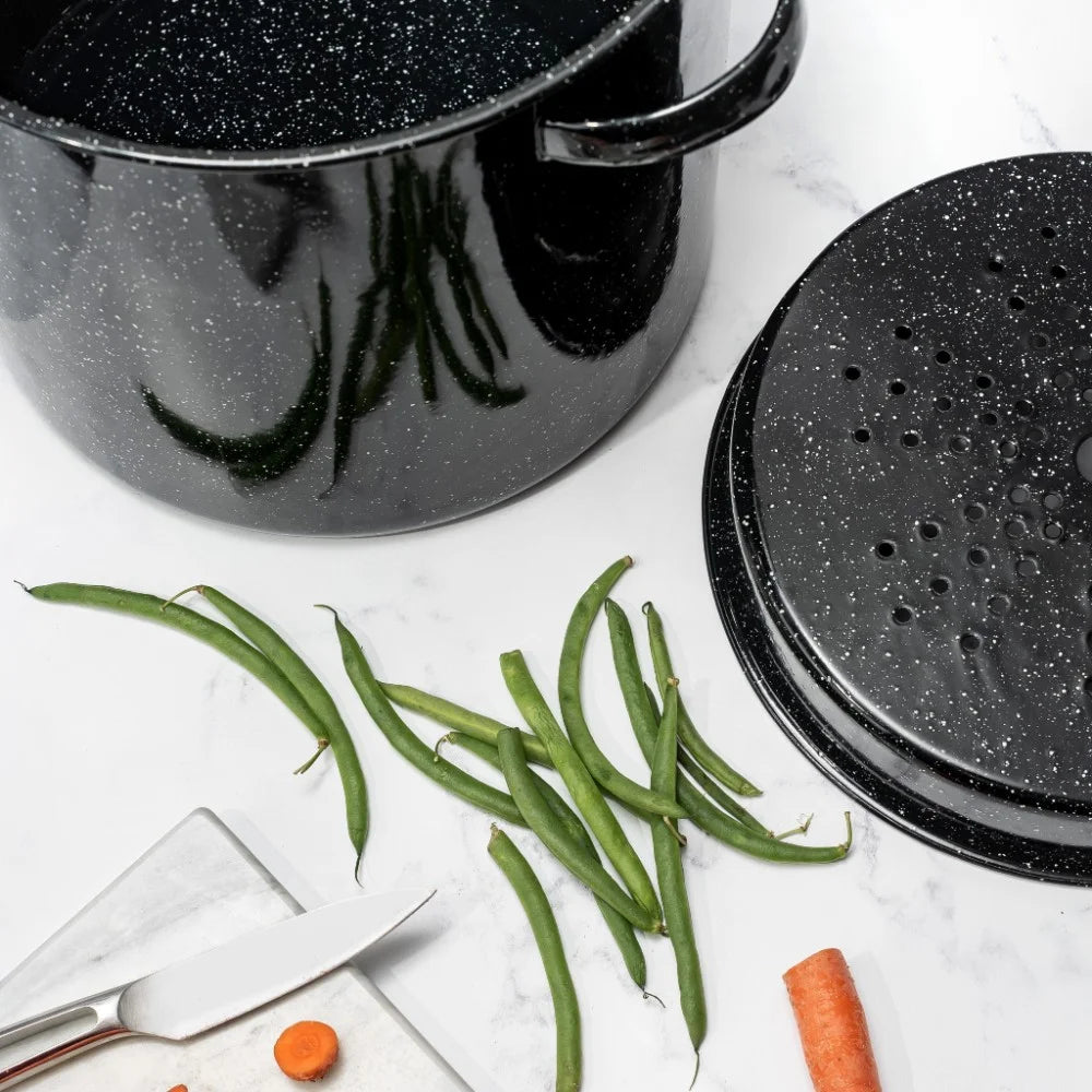 15.5-Quart Black Enamel on Steel Multi-Use Pot with Steamer Insert for Seafood, Tamales, and Stock