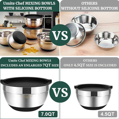 Stainless Steel Mixing Bowls with Airtight Lids - 6-Piece Set with Non-Slip Bottoms, Ideal for Mixing and Serving (Black)