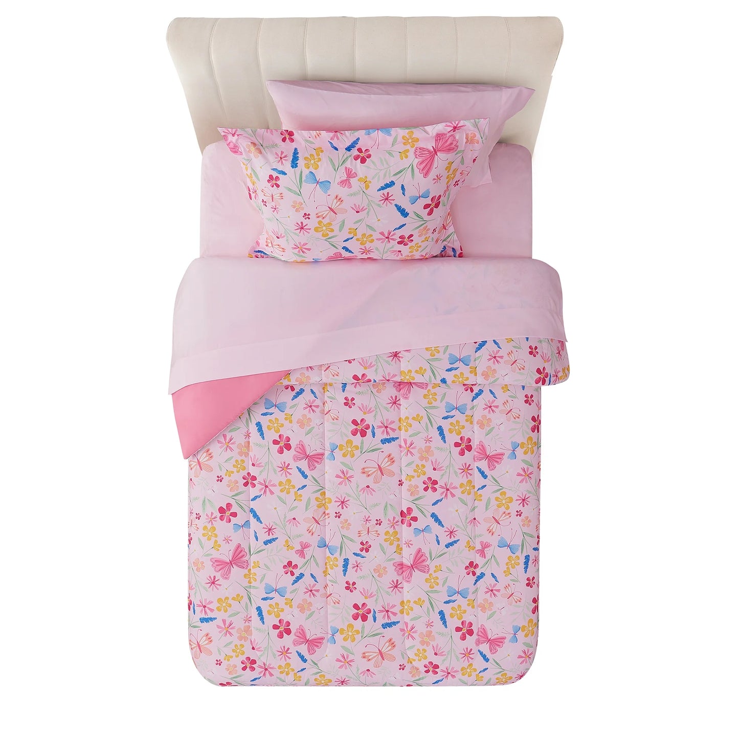 7-Piece Full Pink Wildflower Polyester Bedding Set for Girls
