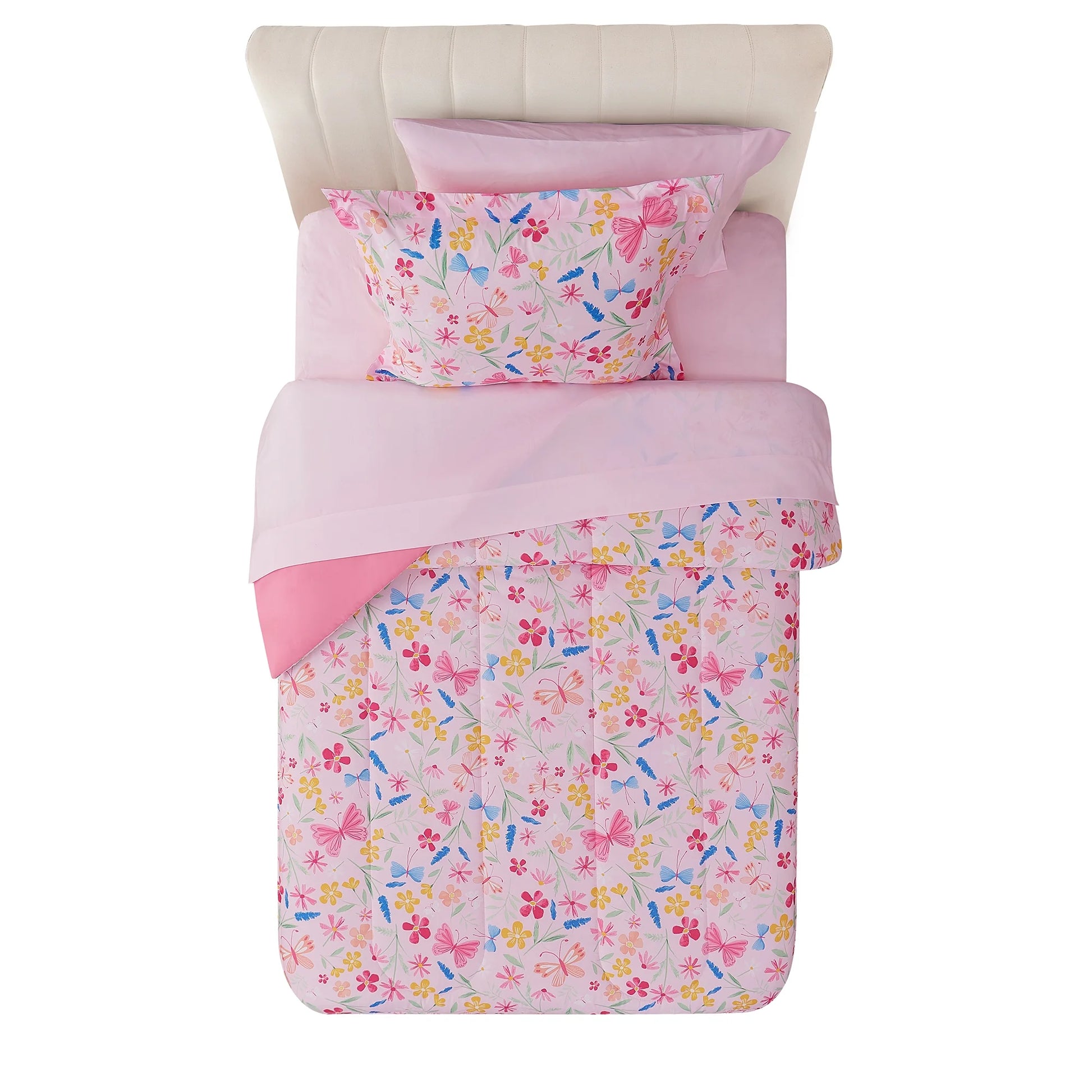 7-Piece Full Pink Wildflower Polyester Bedding Set for Girls