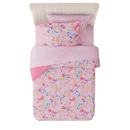 7-Piece Full Pink Wildflower Polyester Bedding Set for Girls