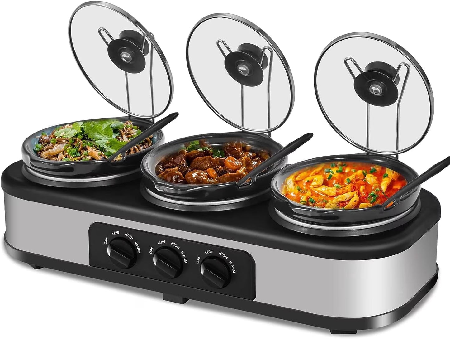 Triple Slow Cooker Buffet Server with 3 x 1.5 Quart Removable Ceramic Pots and Adjustable Temperature Control