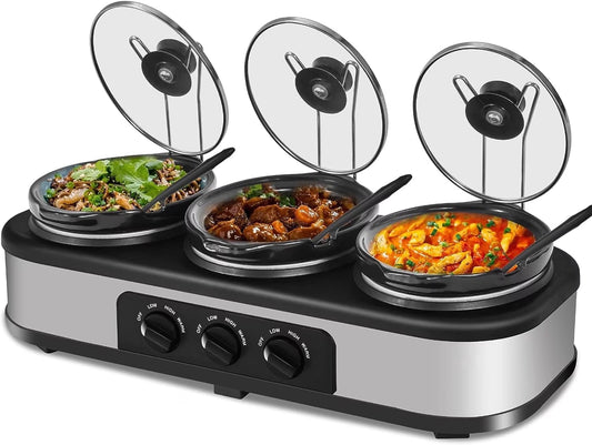 Triple Slow Cooker Buffet Server with 3 x 1.5 Quart Removable Ceramic Pots and Adjustable Temperature Control