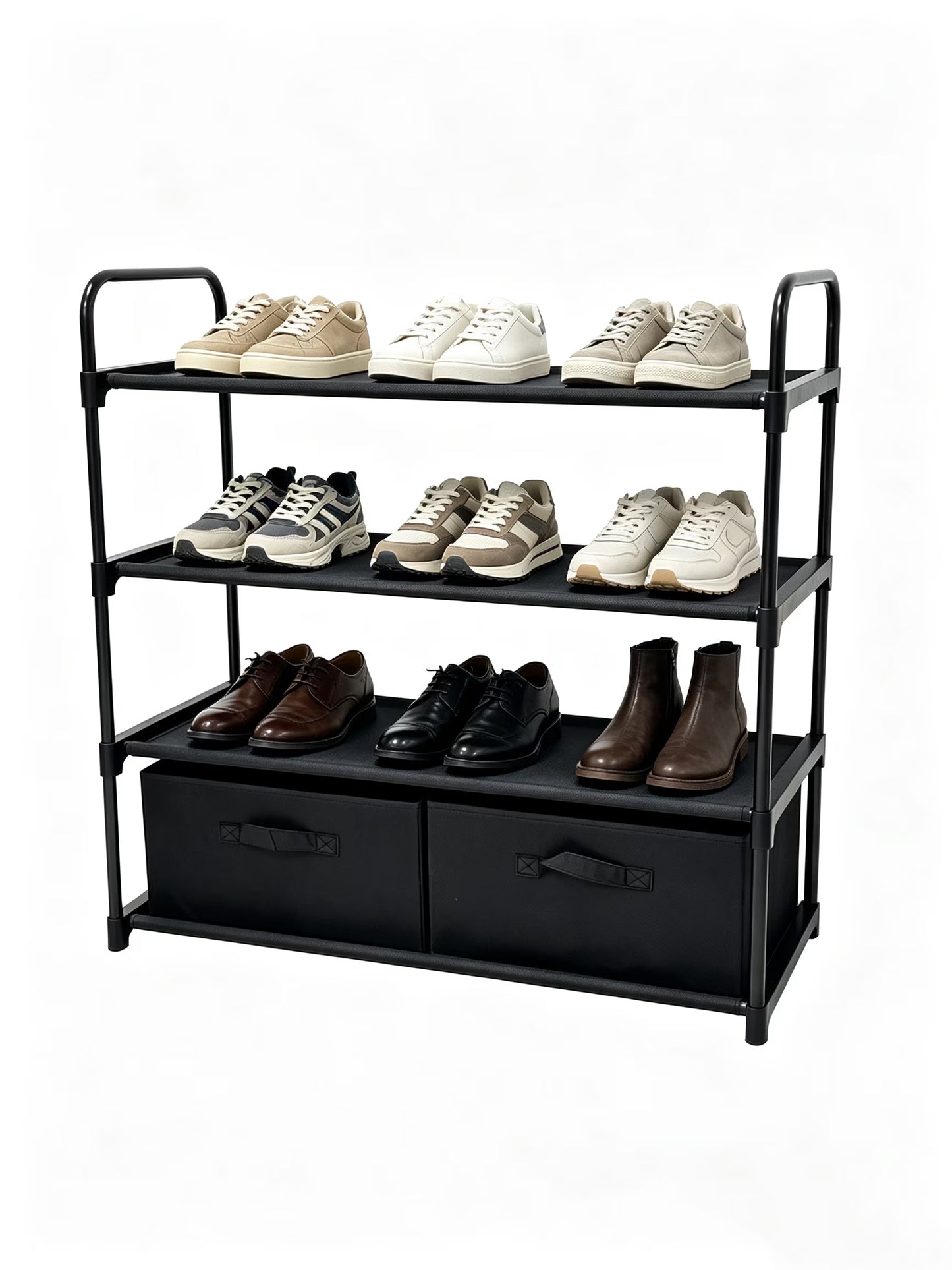 4-Shelf Closet Storage Organizer with 2 Fabric Bins, Black Metal Frame