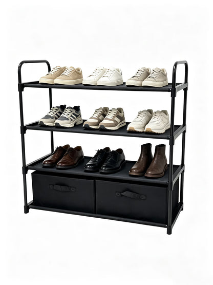 4-Shelf Closet Storage Organizer with 2 Fabric Bins, Black Metal Frame