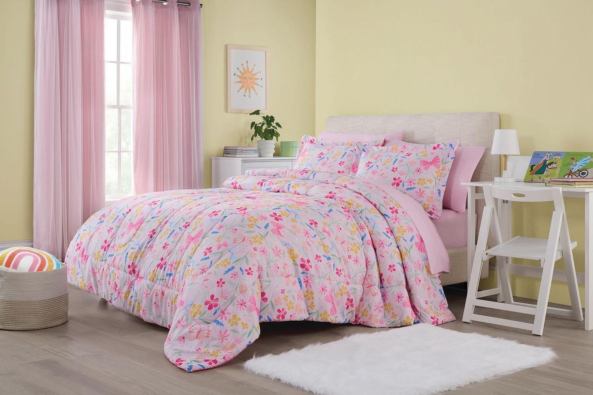 7-Piece Full Pink Wildflower Polyester Bedding Set for Girls