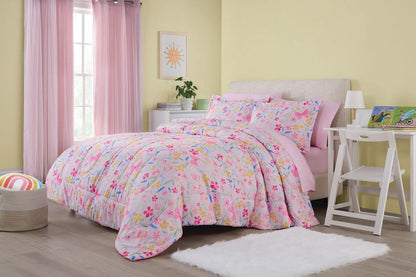 7-Piece Full Pink Wildflower Polyester Bedding Set for Girls
