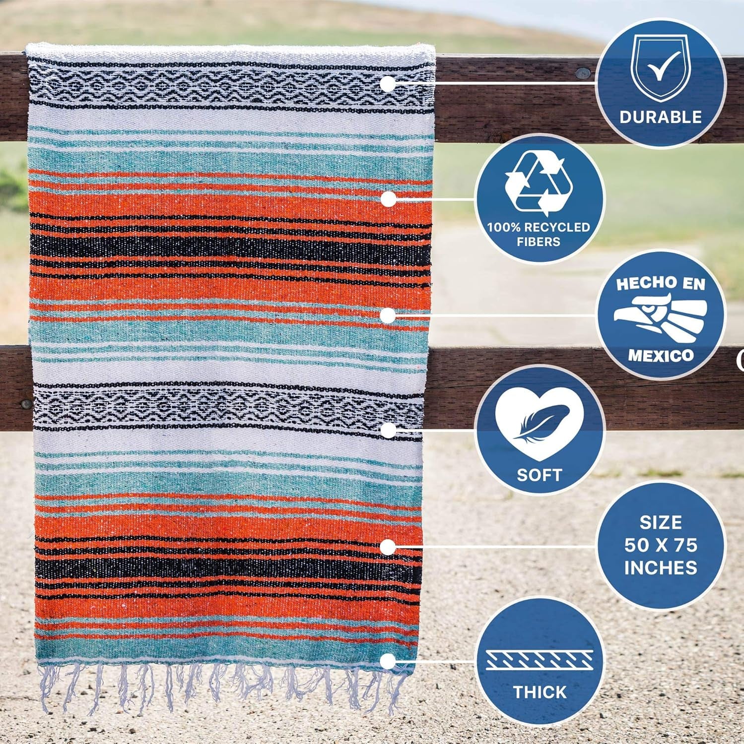 Authentic Handwoven Mexican Falsa Serape Blanket – Lightweight Cotton Throw for Outdoor and Home Use – Ideal for Beach, Camping, Picnic, and Yoga – Mandarin, 50x70 Inches
