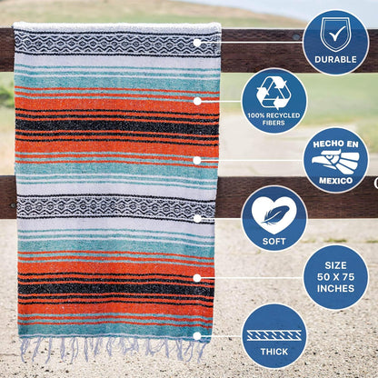 Authentic Handwoven Mexican Falsa Serape Blanket – Lightweight Cotton Throw for Outdoor and Home Use – Ideal for Beach, Camping, Picnic, and Yoga – Mandarin, 50x70 Inches