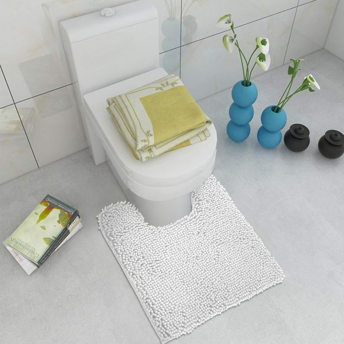 Standard 24" x 21" U-Shaped Non-Slip Shaggy Chenille Toilet Contour Bathroom Rug, Water Absorbent, White