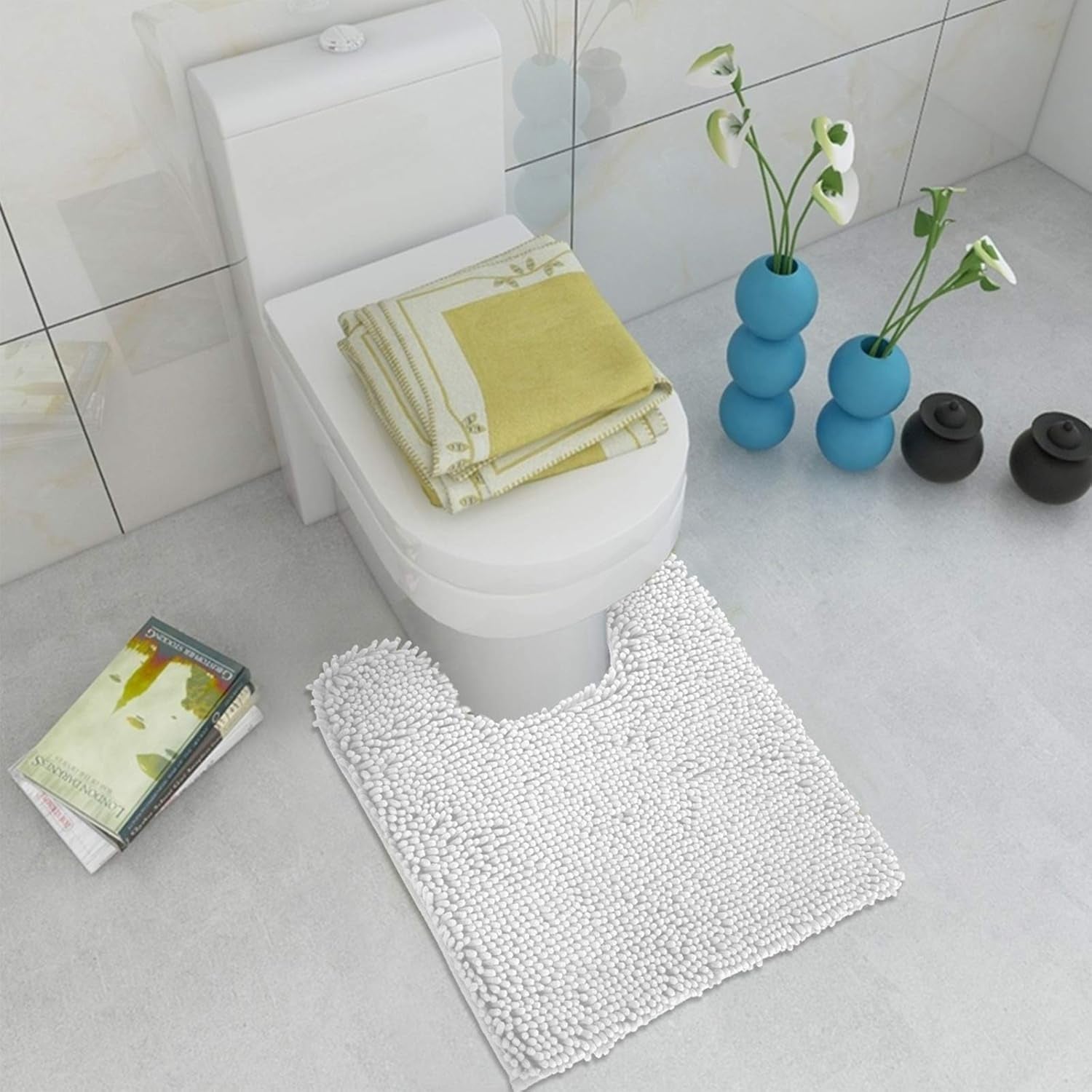 Standard 24" x 21" U-Shaped Non-Slip Shaggy Chenille Toilet Contour Bathroom Rug, Water Absorbent, White