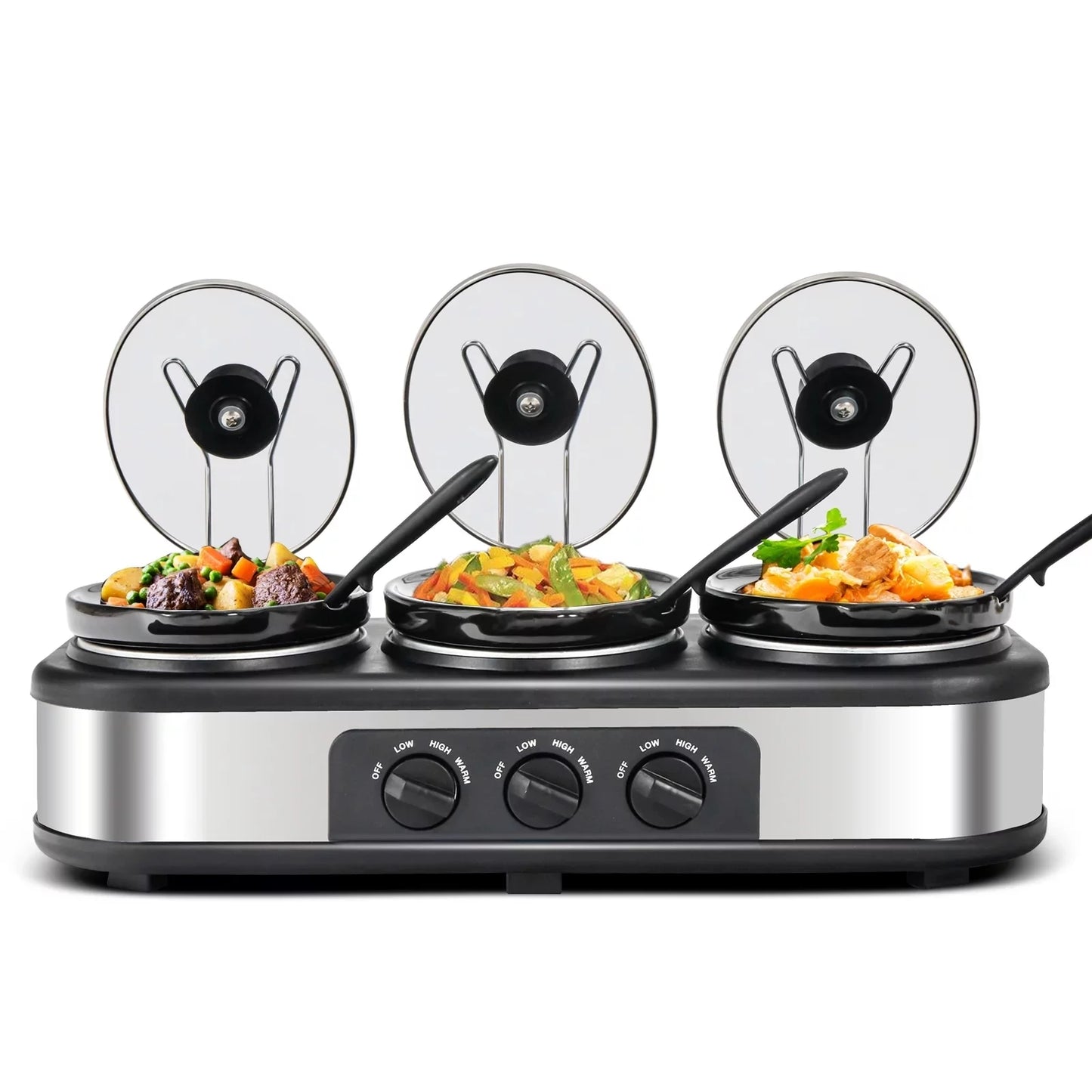 Triple Slow Cooker Buffet Server with 3 x 1.5 Quart Removable Ceramic Pots and Adjustable Temperature Control
