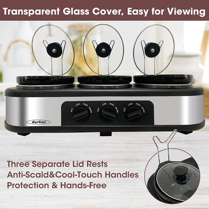 Triple Slow Cooker Buffet Server with 3 x 1.5 Quart Removable Ceramic Pots and Adjustable Temperature Control