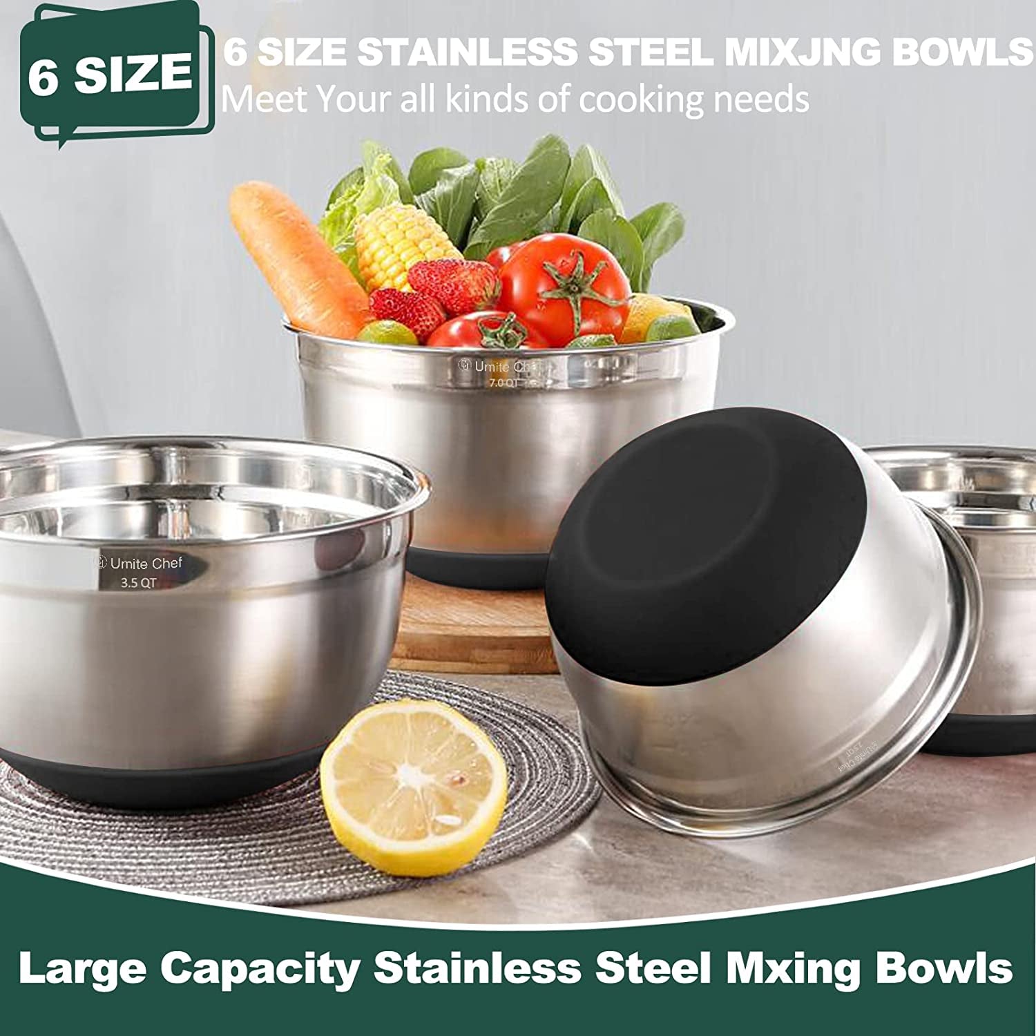 Stainless Steel Mixing Bowls with Airtight Lids - 6-Piece Set with Non-Slip Bottoms, Ideal for Mixing and Serving (Black)