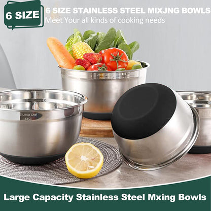 Stainless Steel Mixing Bowls with Airtight Lids - 6-Piece Set with Non-Slip Bottoms, Ideal for Mixing and Serving (Black)