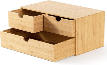Bamboo Desk Organizer with Drawers, 3-Drawer Desktop Storage Box | 3 Drawers Open Top Tray Fully Assembled Stores Pens, Notes, Makeup, Jewelry & Toiletries for Office, Vanity & Bath